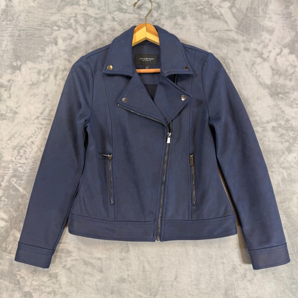 Liverpool Women's Faux Suede Moto Biker Jacket S Small Stretch Zip Navy Blue